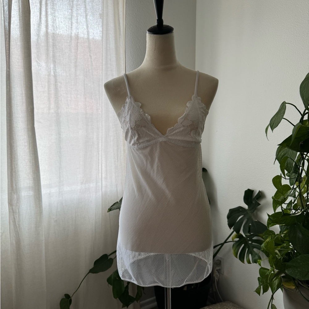 Savage X Fenty Floral Glow Lace & Mesh Slip in Angel White
